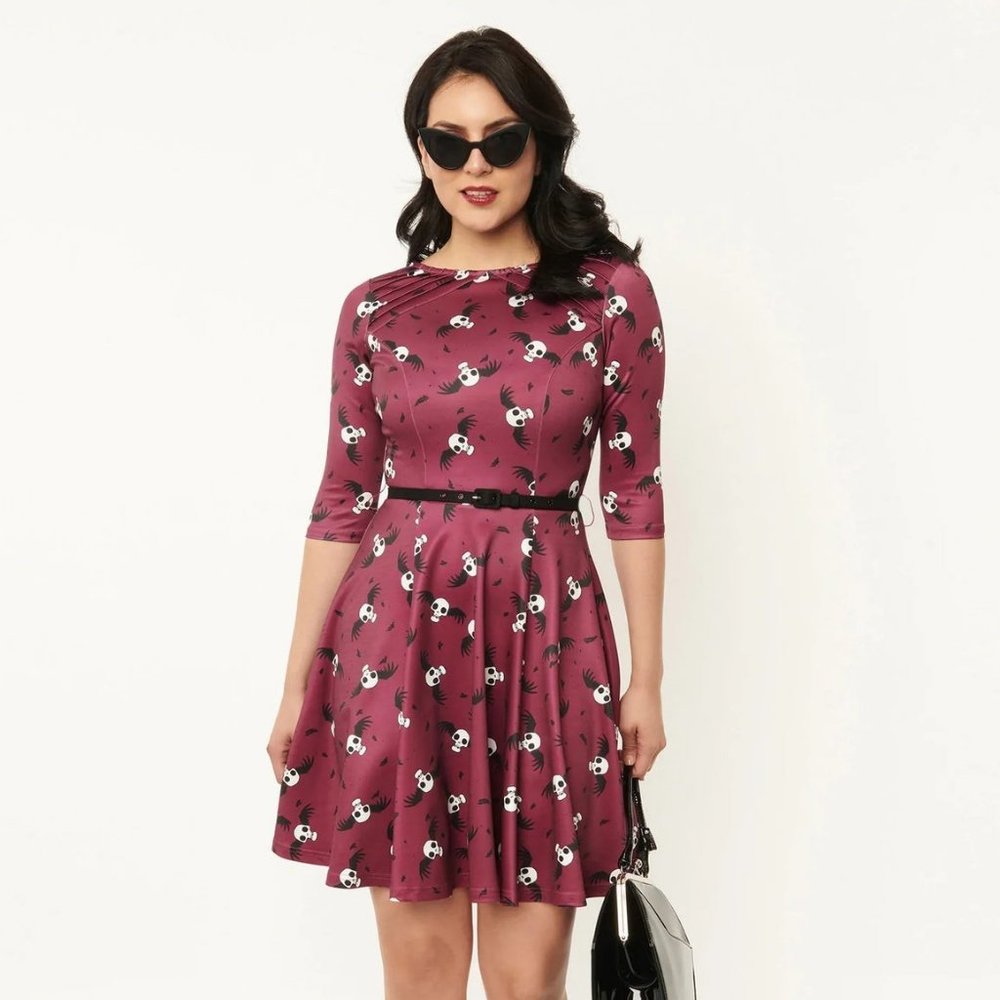 Unique Vintage x Corpse Bride Wine & Flying Skulls Stephanie Flare Dress, Size $